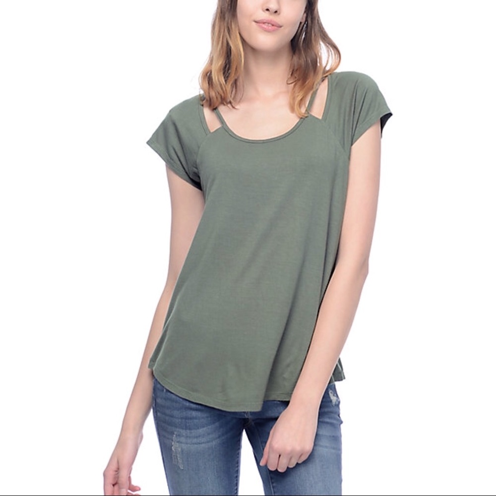shoulder cut out olive top